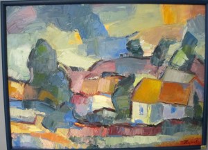 Landsbyen. Maleri af Alexsandar Hajder. 76 x 56 cm.
